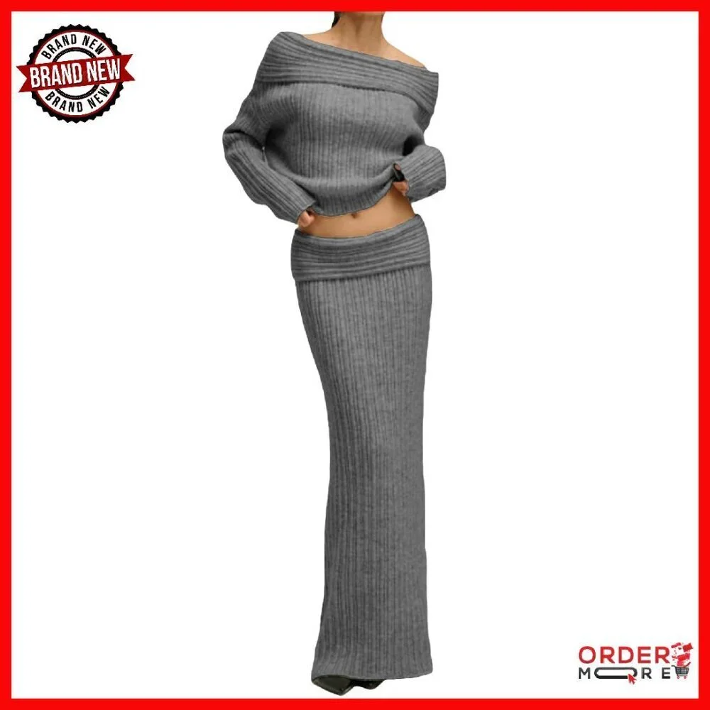 Off Shoulder Sweater & Knit Maxi Skirt Set - Stretchy Fall Outfit - Picture 1 of 8
